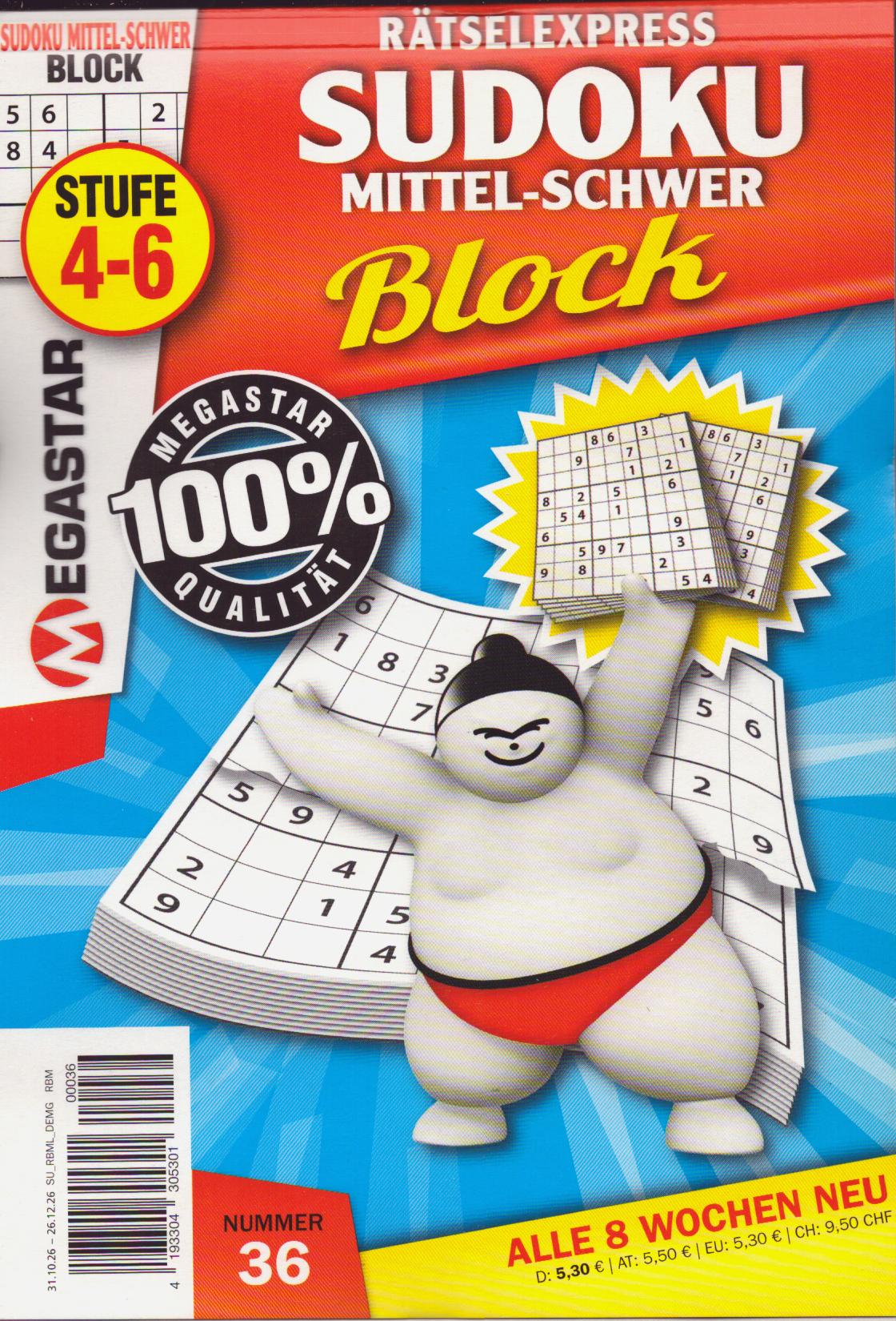 Sudoku Block mittel-schw. 36/2026 "100% Megastar Qualit&auml;t"